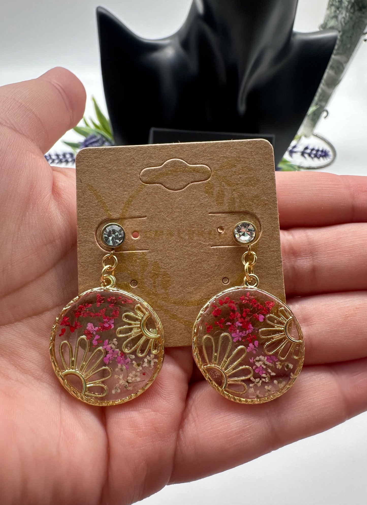 Red & Pink - Round Gold Earrings