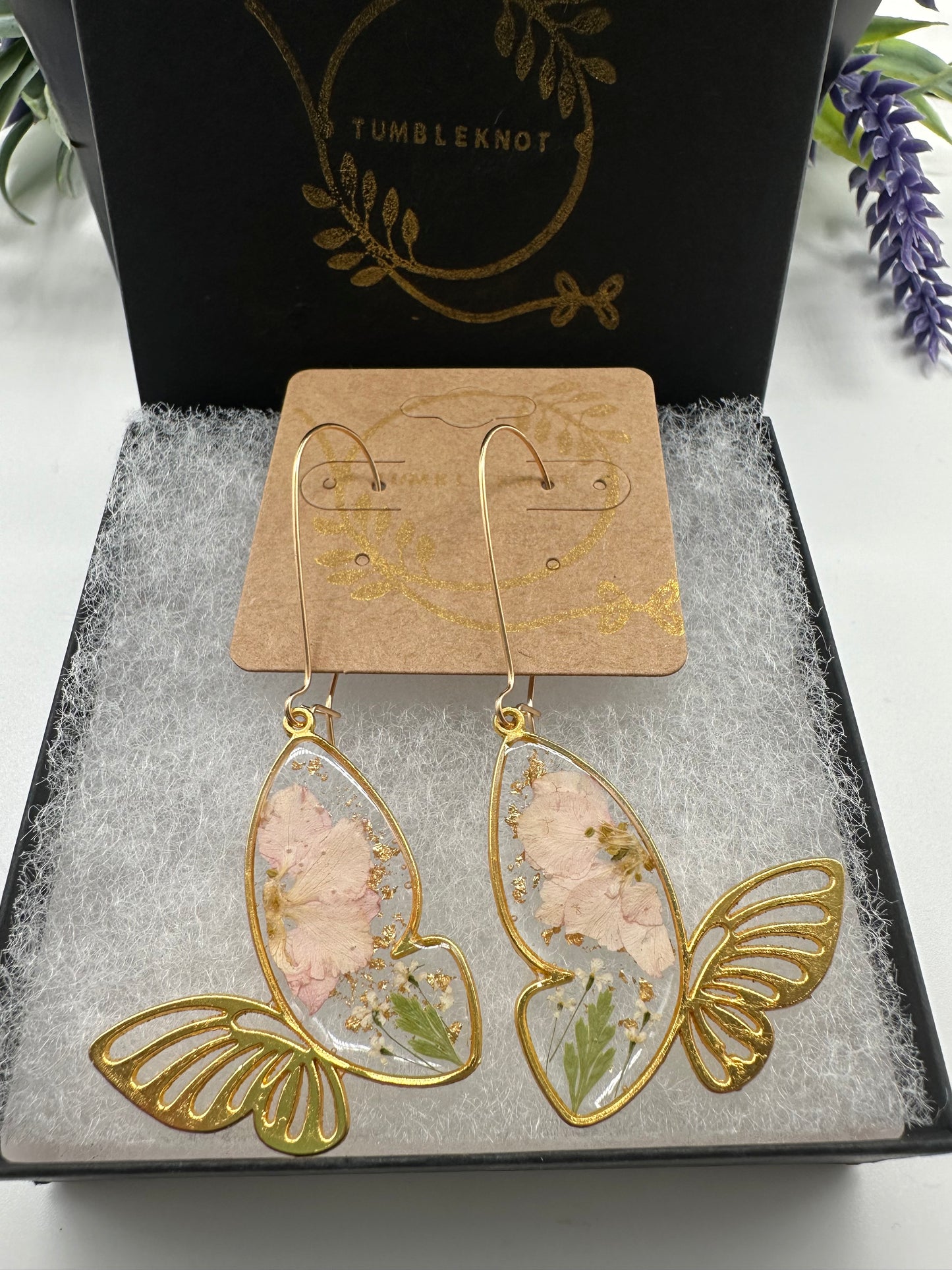 Pink - Gold Butterfly Earrings