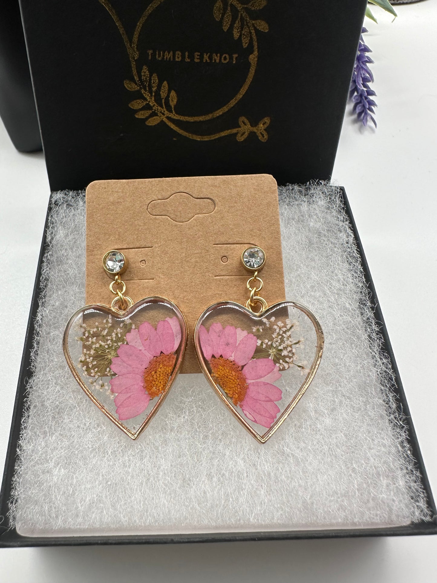 Pink & White - Gold Heart Earrings