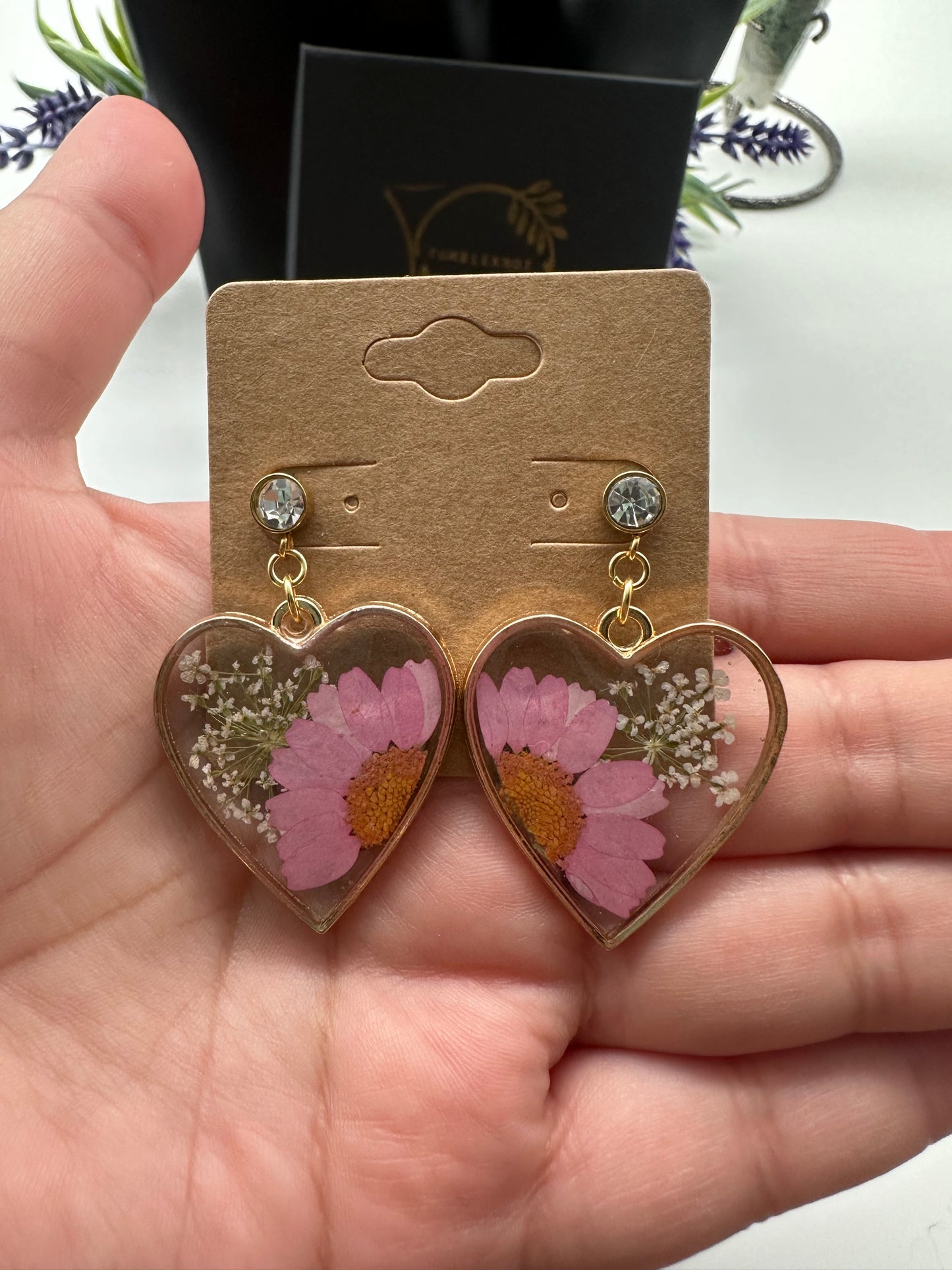 Pink & White - Gold Heart Earrings