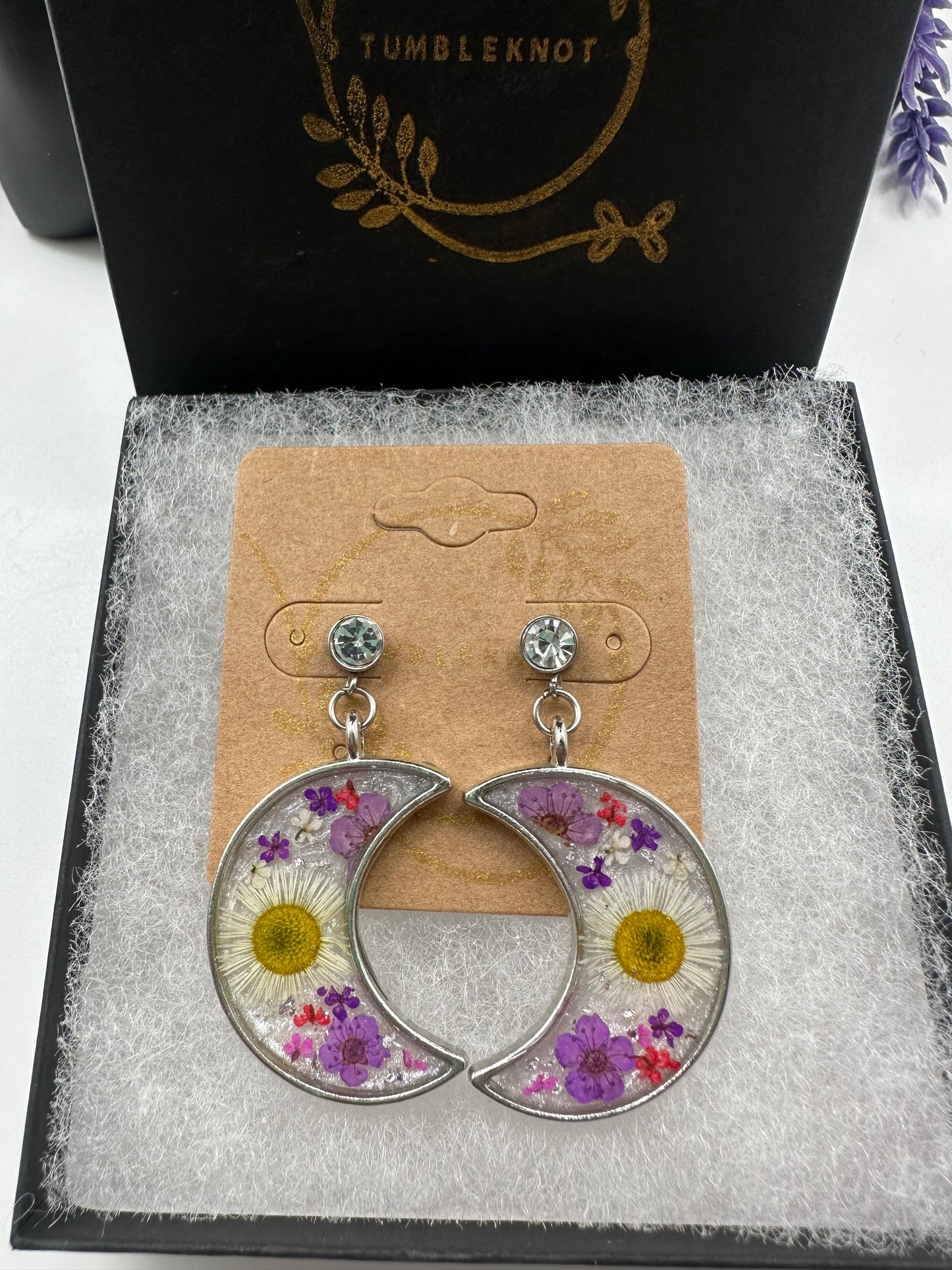 Purple, Pink & White - Silver Moon Earrings