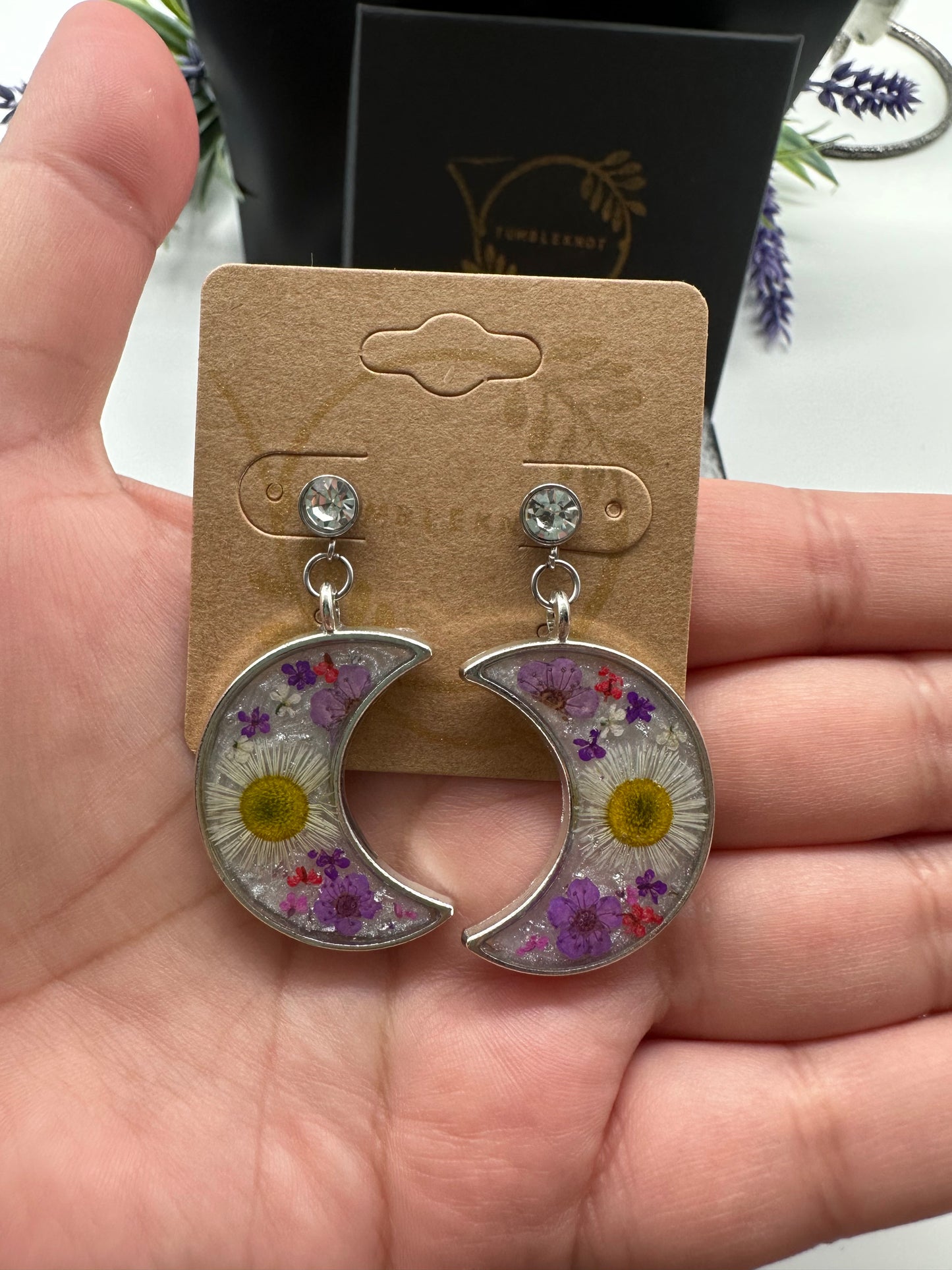 Purple, Pink & White - Silver Moon Earrings