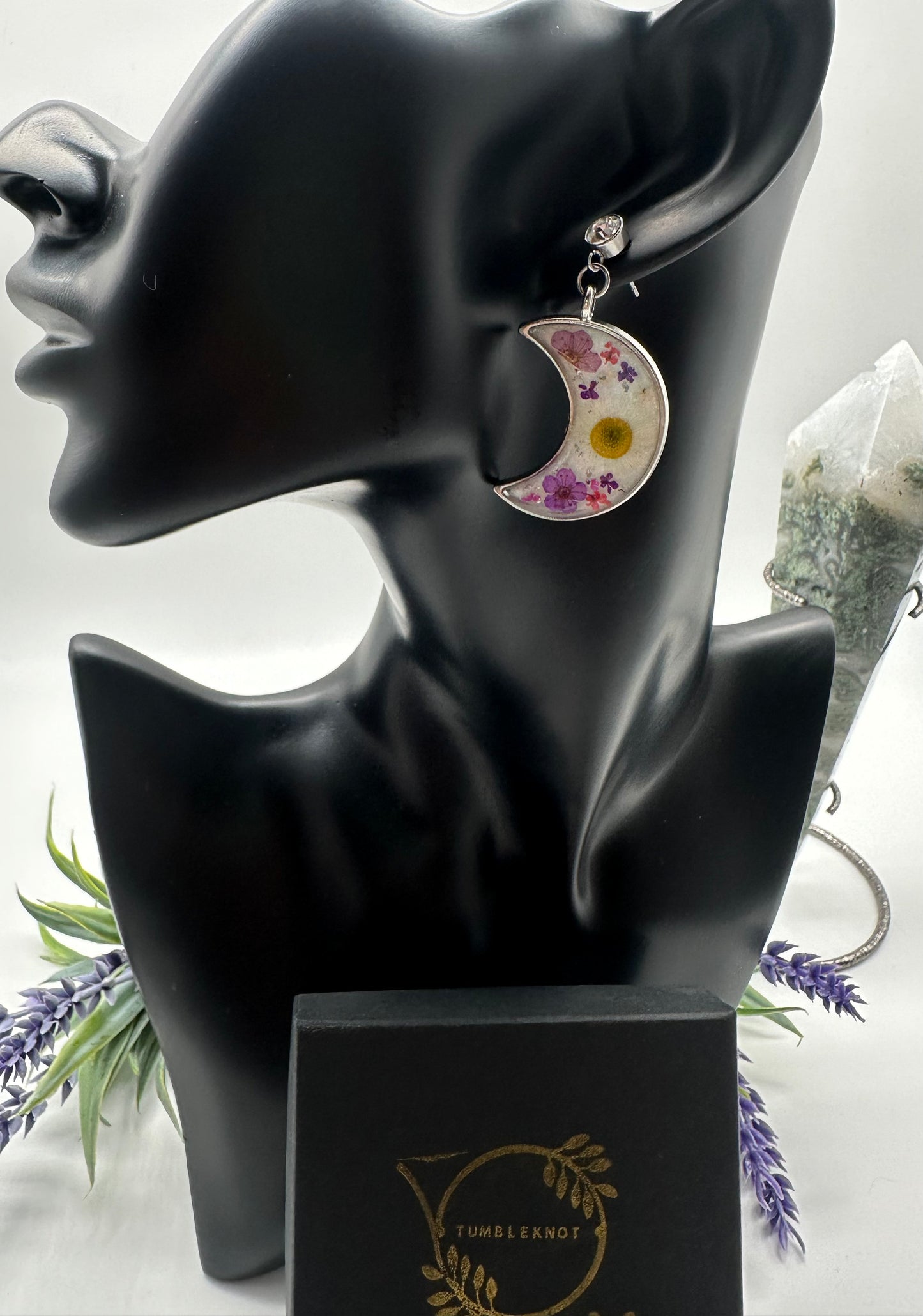 Purple, Pink & White - Silver Moon Earrings