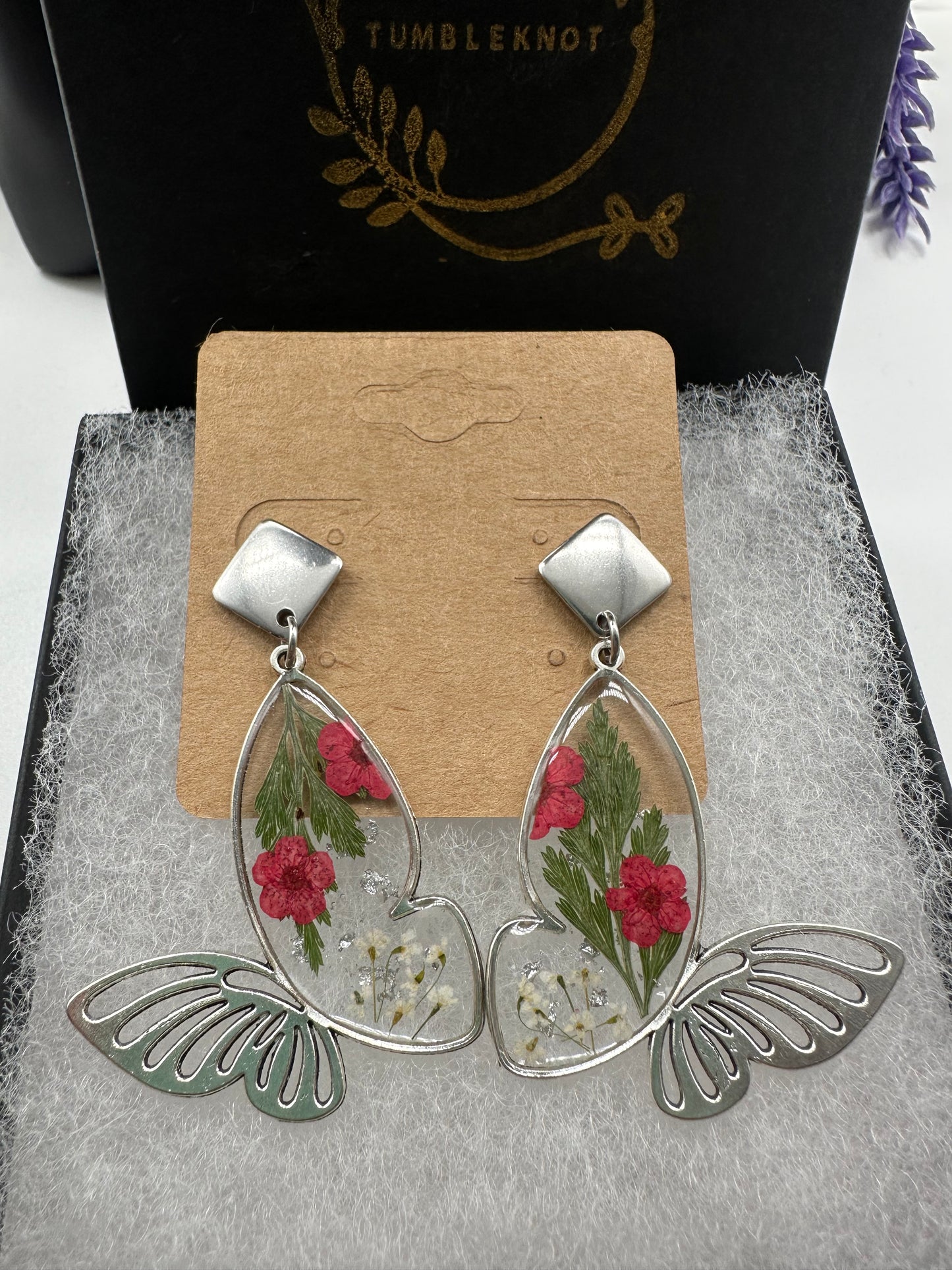 Red & Green - Silver Butterfly Earrings