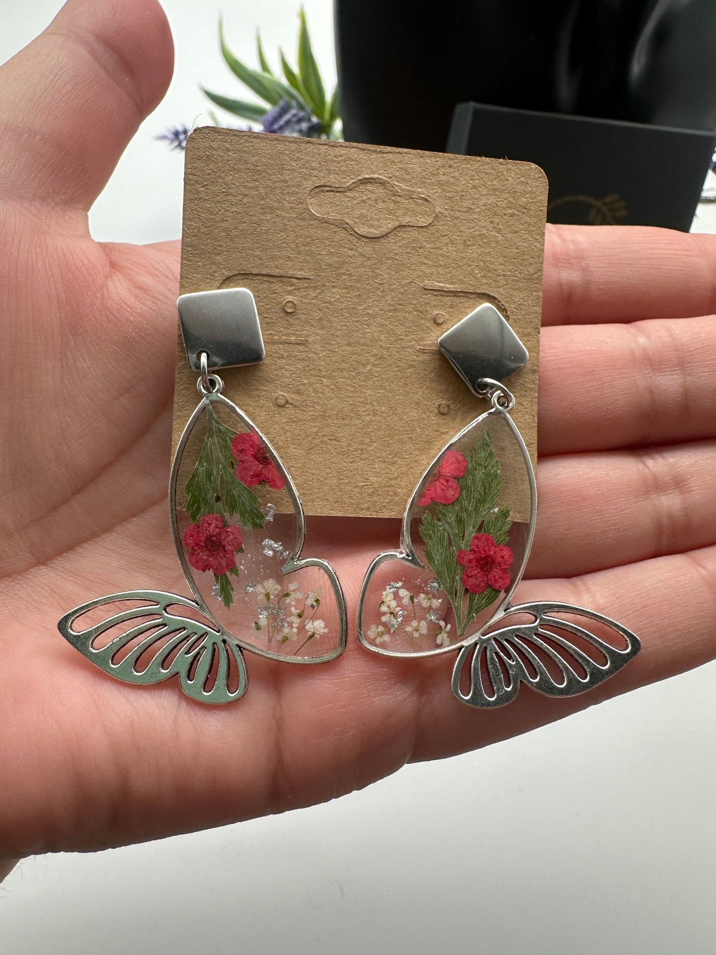 Red & Green - Silver Butterfly Earrings