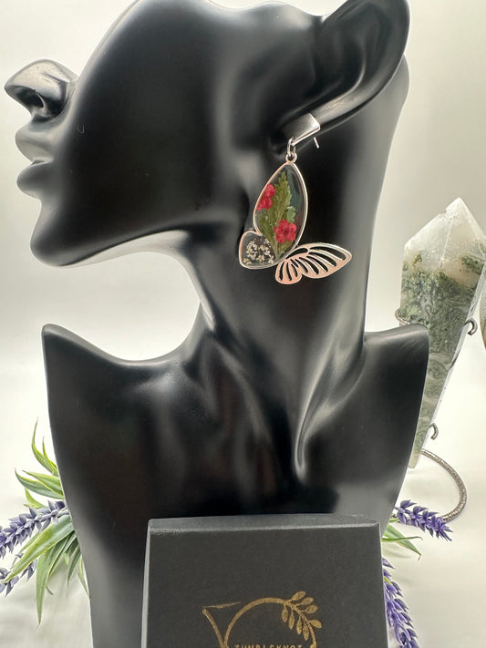 Red & Green - Silver Butterfly Earrings