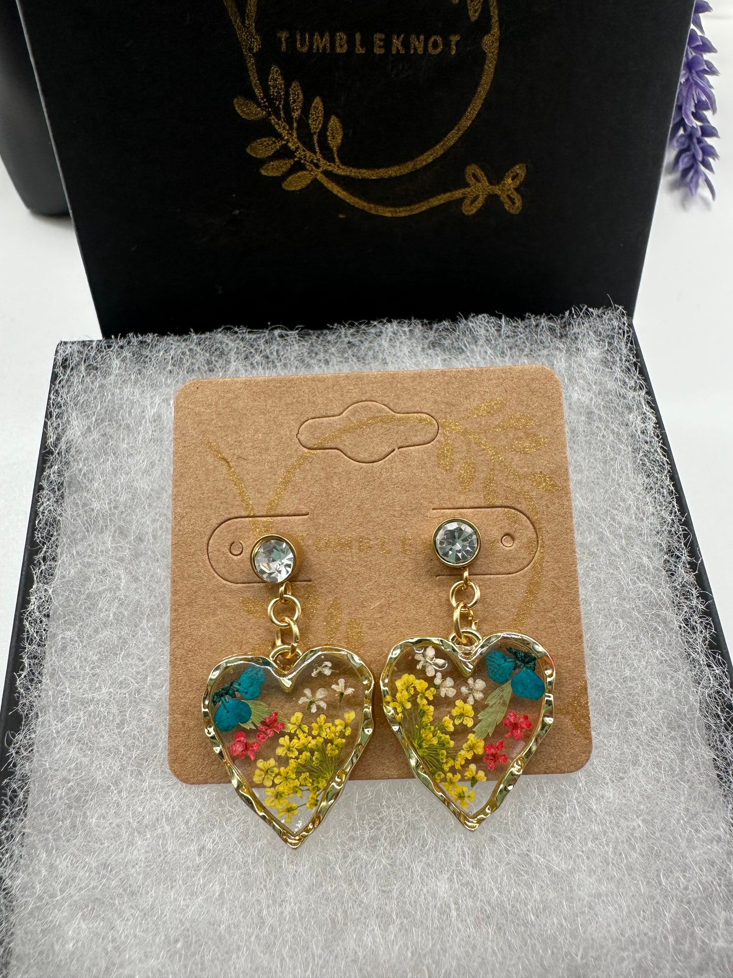 Blue, Pink & Yellow - Gold Heart Earrings