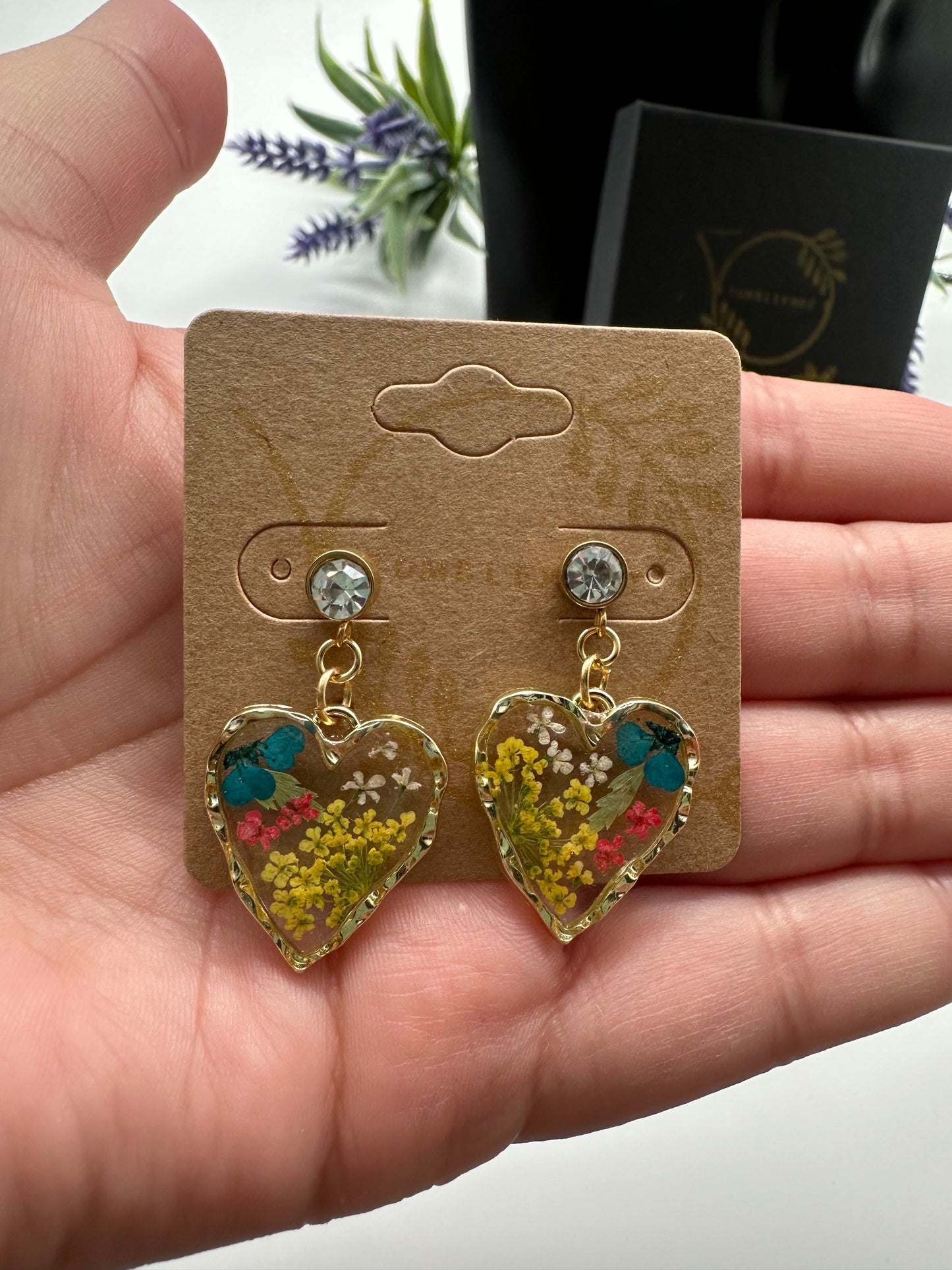 Blue, Pink & Yellow - Gold Heart Earrings