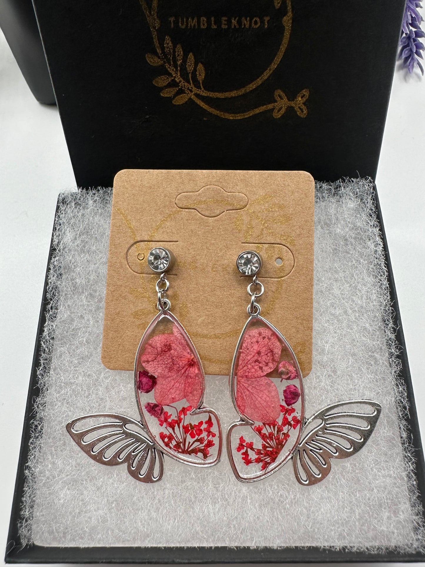 Pink & Red - Silver Butterfly Earrings