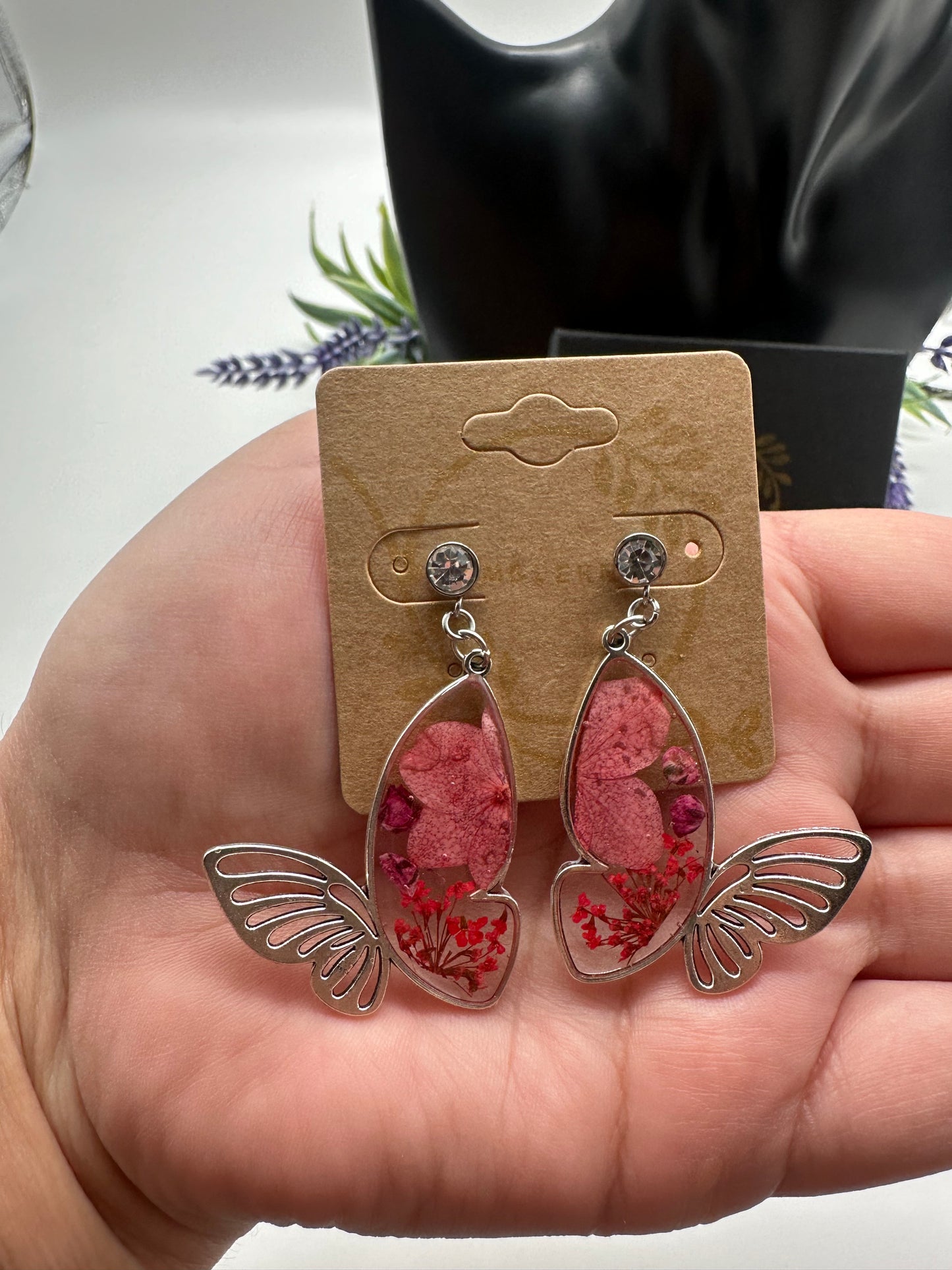 Pink & Red - Silver Butterfly Earrings