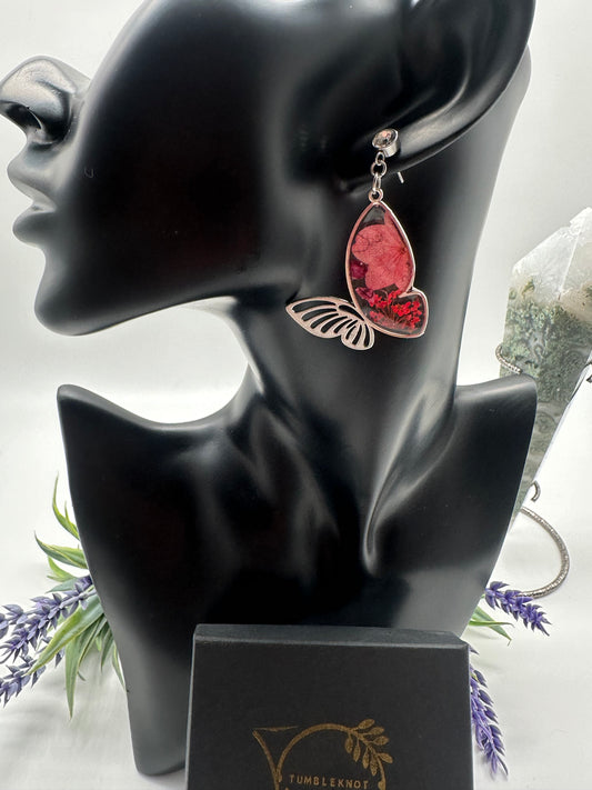 Pink & Red - Silver Butterfly Earrings