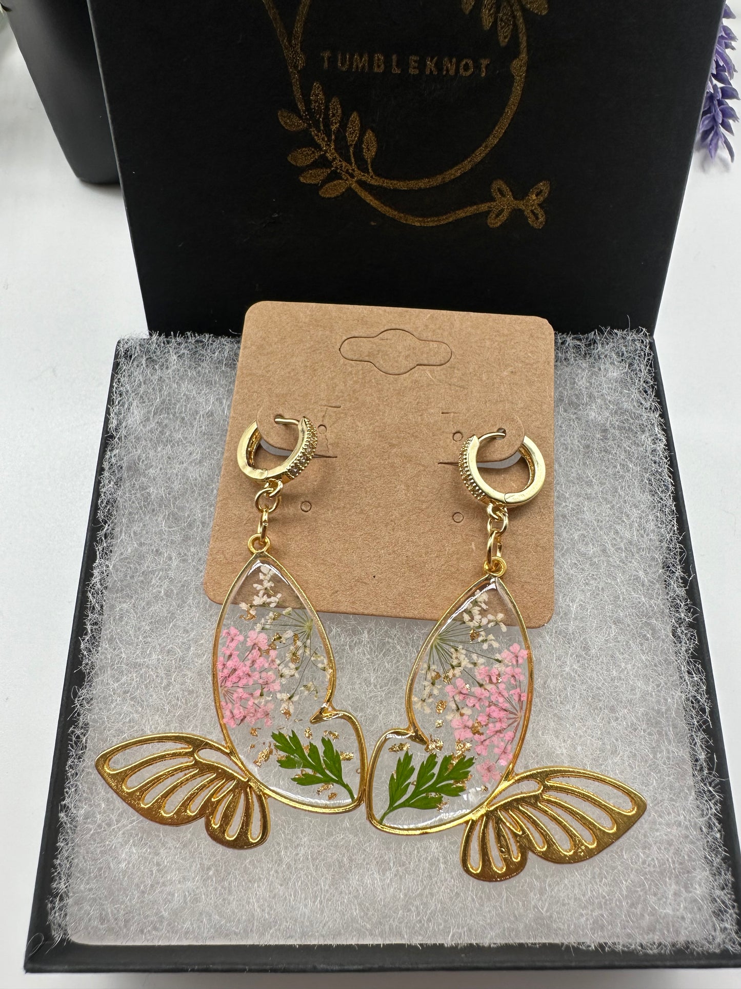 Pink & White - Gold Butterfly Earrings