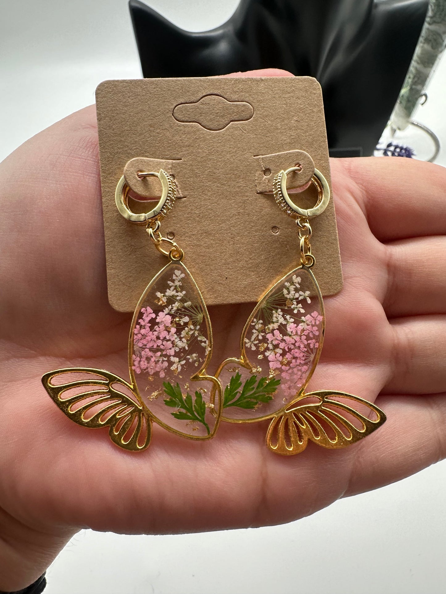 Pink & White - Gold Butterfly Earrings