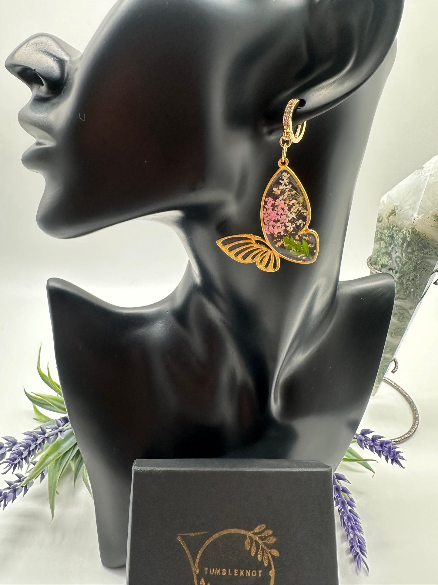 Pink & White - Gold Butterfly Earrings