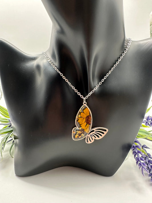 Yellow & Orange - Silver Butterfly Necklace