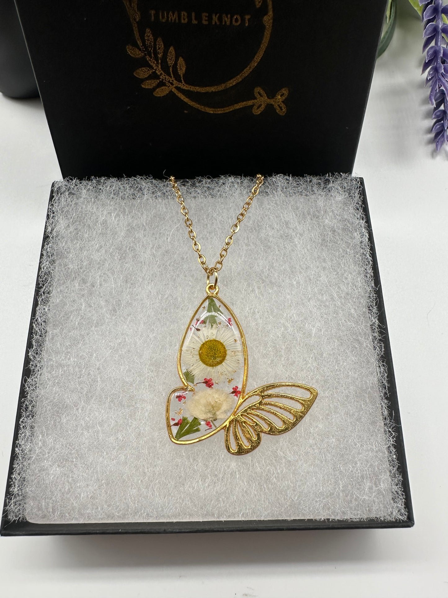 White & Red - Gold Butterfly Necklace