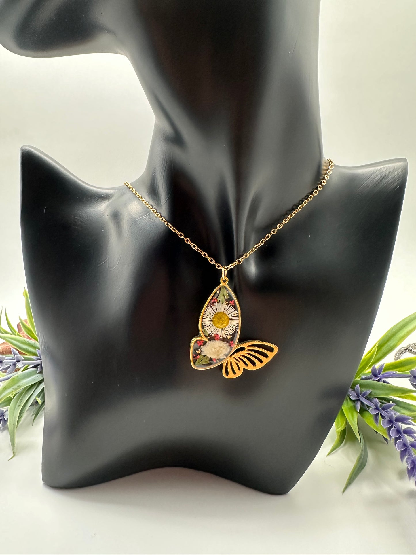 White & Red - Gold Butterfly Necklace